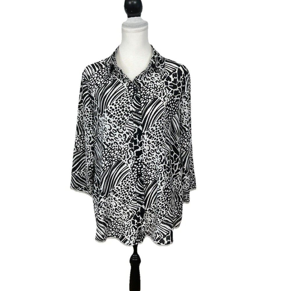 Alia Woman Blouse Plus Size 16W Black & White Button Animal Print 3/4 Sleeves